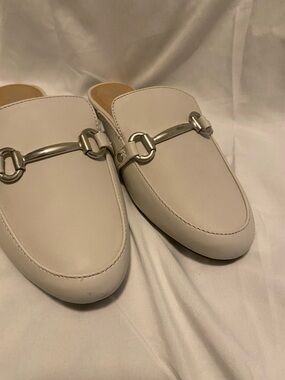 Brash White Leather Slip-On Mules with Silver Bit